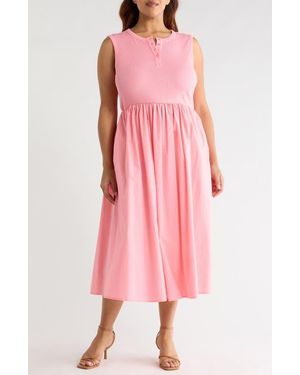 Caslon Mixed Media Henley Midi Dress - Pink