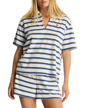 Sea Level Ahoy Stripe Cotton Blend French Terry Cover-Up Polo Shirt - Blue