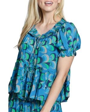 Apny Tiered Ruched Tie Neck Top - Blue