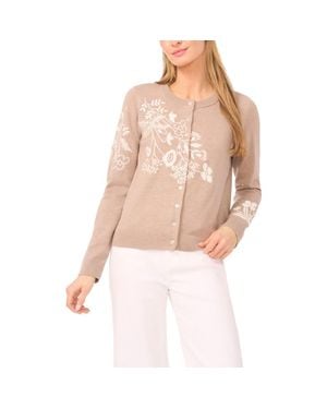 Halogen® Embroidered Floral Button Front Cardigan - Natural