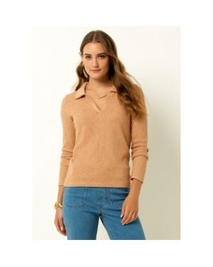 Single Stitch Classic Ribbed V-Neck Sweater With Collar - Blue