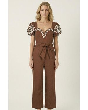 Modenaire Embroidered Puff Sleeve Jumpsuit - Natural