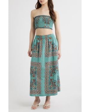 Cleobella Scarf Print Cotton & Linen Tube Top & Maxi Skirt Set - Green