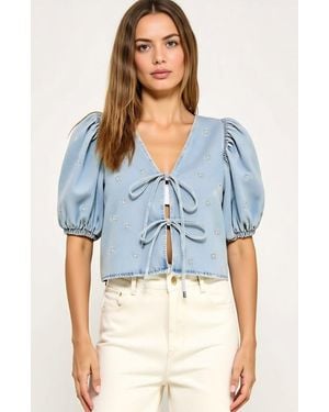 Modenaire Embroidered Bow Puff Sleeve Top With Front Tie Detail And V-Neckline - Blue