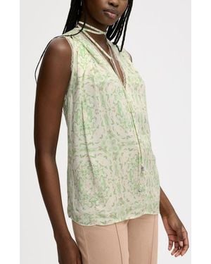 Sam Edelman Floral Lace Trim Tie Neck Top - Green