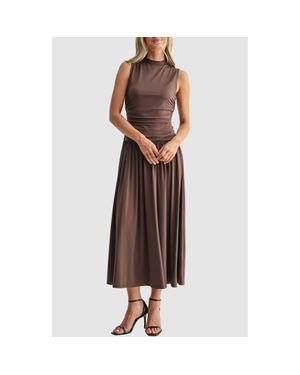 Mila + Mate Ruched Mock Neck Drop Waist Fit & Flare Midi Dress - Brown