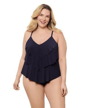 Aqua Green Plus Size Triple Ruffle Tier Adjustable Tankini Swimsuit Top - Blue