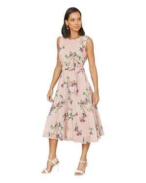 Yumi' Sleeveless Tie Waist Printed Midi Dress - Natural