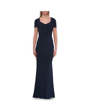 La Femme Short Sleeve Jersey Gown With Sweetheart Neckline - Blue