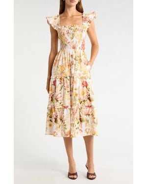 Sugarlips Emy Floral Zury Smocked Midi Dress - Natural