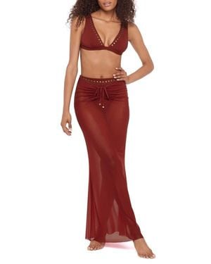 Steve Madden Ruched Sheer Mesh Cover-Up Maxi Skirt - Red
