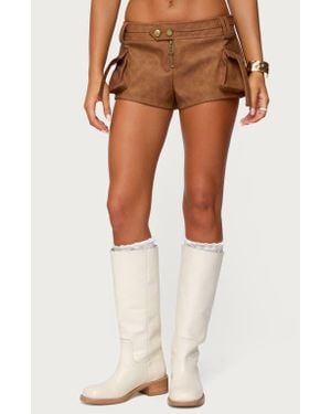 Edikted Washed Faux Leather Micro Cargo Shorts - Brown