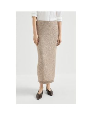 Brunello Cucinelli Mohair And Wool Dazzling Texture Knit Skirt With Monili - Natural