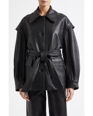 Nour Hammour Perrin Belted Leather Jacket - Black