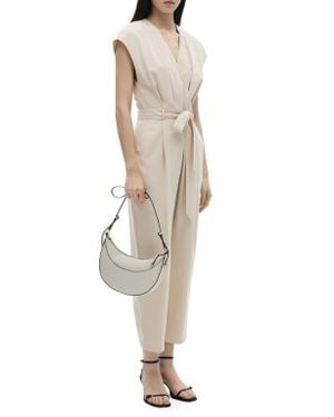 Mango Tie Waist Faux Wrap Wide Leg Jumpsuit - Natural