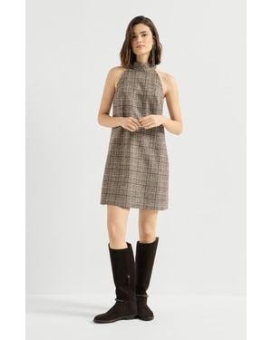Brunello Cucinelli Checked Alpaca And Wool Dress With Monili - Natural