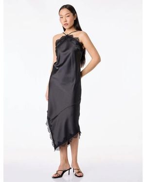 Koton Asymmetric Lace Trim Satin Slip Dress - Blue