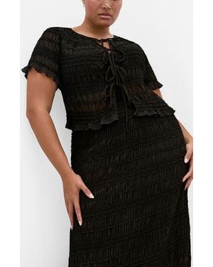 City Chic Emelia Shirred Tie Front Top - Black