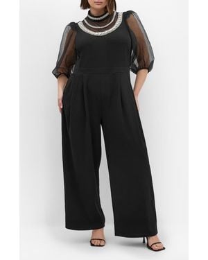 City Chic Phoenix Embellished Sheer Panel Jumpsuit - Black