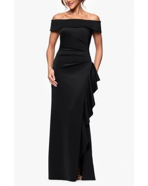 Xscape Evenings Ruffle Off The Shoulder Scuba Knit Gown - Black