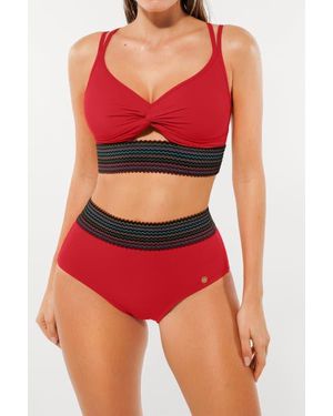 Popilush Boho Trim High Waist Tummy Control Bikini Set - Red