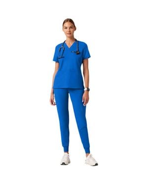 Jaanuu Helia 3-Pocket Classic Notched V-Neck Scrub Top - Blue