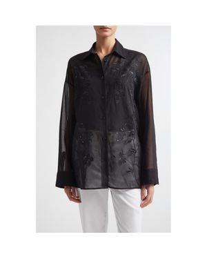 Eleventy Sequin Embroidered Cotton Gauze Button-Up Shirt - Black