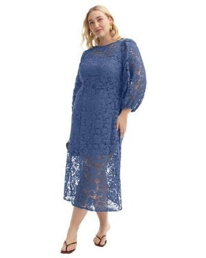 June + Vie Puff Sleeve Lace Midi Dress - Blue