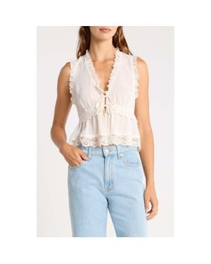 Wayf Norah Lace Trim Tie Front Top - White