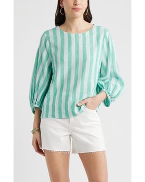 Caslon Balloon Sleeve Linen Blend Top - Blue
