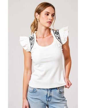 Modenaire Ruffled Cap-Sleeve Knit Top With Embroidered Shoulder Detail - White