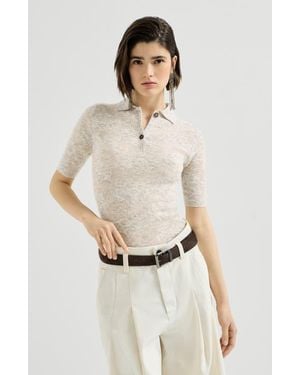 Brunello Cucinelli Silk, Alpaca And Wool Flower Lace Knit Polo - White