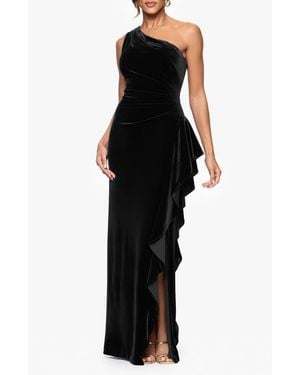 Xscape Evenings One-Shoulder Ruffle Stretch Velvet Gown - Black
