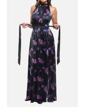 Popilush Built-In Shapewear Draped High Neck Maxi Dress - Blue