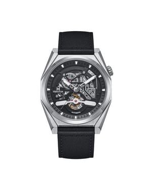 Heritor Amadeus Semi-Skeleton Leather-Band Watch - Multicolor