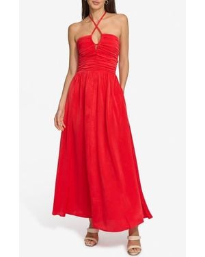 DKNY Satin Ruch Front Midi Dress - Red