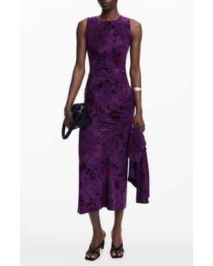 Desigual Floral Stretch Velvet Midi Dress - Purple