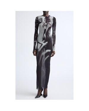 Jean Paul Gaultier Smoking Graphic Long Sleeve Mesh Body-Con Dress - Gray