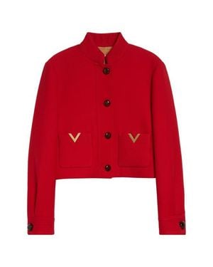Valentino V-Detail Wool & Silk Double Drill Jacket - Red
