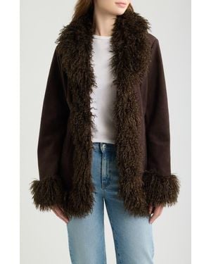 Love Token Natalia Faux Suede Coat With Faux Fur Trim - Black