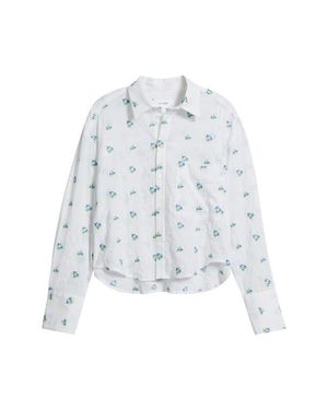 CISSA Flower Embroidered Eyelet Stripe Cotton Button-Up Shirt - White