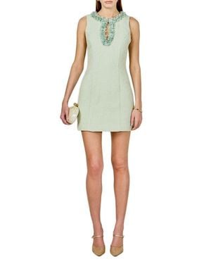 Endless Rose Floral Appliqué Trim Tweed Minidress - Green