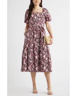 Caslon Puff Sleeve Linen Blend Midi Dress - Red