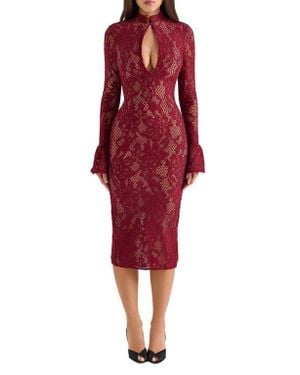 House Of Cb Pierette Cutout Detail Long Sleeve Lace Body-Con Dress - Red