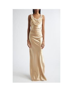 Balmain Shell Garland Draped Silk Gown - Metallic