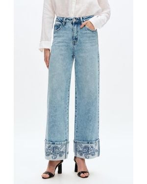 Bayeas Flora Embroidered High Waist Cuffed Wide Leg Jeans - Blue