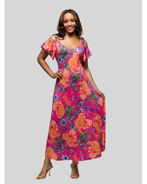 24seven Comfort Apparel Paisley Cold Sholder Ruffle Sleeve A-Line Maxi Dress - Red
