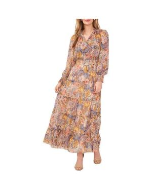 Chaus Floral Metallic Smocked Waist Long Sleeve Tiered Midi Dress - Brown