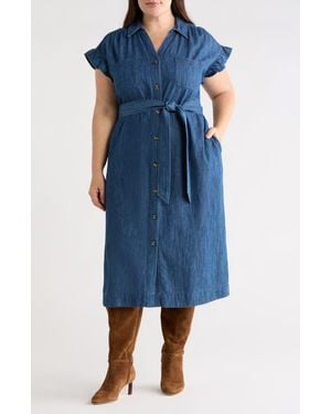 Caslon Flutter Sleeve Tie Waist Denim Midi Dress - Blue