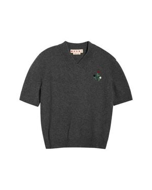 Marni Embroidered Flowers Short Sleeve Wool & Cashmere V-Neck Sweater - Black